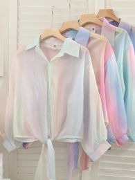 Shirt Jmprs Chiffon Women Rainbow Shirts Sexy Summer Thin Crop Tops Fashion Bow Bandage Long Sleeve Sun Protection Blouse