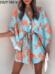 Dress Casual Loose Bohemian Beach Vacation Dress For Summer Fashion V Neck Batwing Sleeve Print Boho Lace Up Waist Mini Dresses Woman