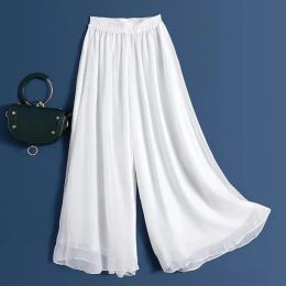 Capris Simple and Loose Fitting Summer New Chiffon Wide Leg Pants for Women's White High Waisted Slim Fitting Ice Pants Casual 9 Points