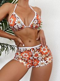 Set Sports Style Bikini Women Shorts Swimsuit Floral Print Swimwear High Waist Bathing Suit Two Piece Set Women Beach Swimming Suits