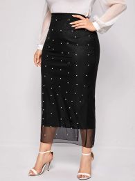 Dresses Beads Pencil Skirt for Women Large Size High Waist Slim Mesh Modest Classy Female Package Hip Jupes Falad Office Elegant 2023