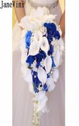 JaneVini Royal Blue Waterfall Artificial Wedding Bouquet With Crystal Bride Flowers Roses Calla Lily Bridal Brooch Bouquet De Marr1242261