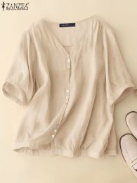 Shirt ZANZEA Summer V Neck Half Sleeve Blouse Women Vintage Solid Cotton Shirt Casual Buttons Down Blusas Female Loose Party Tops 2023