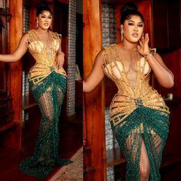 Nigeria Plus Size Aso Ebi Prom Dresses Long Evening Dresses for Special Occasions Sheer Neck Beaded Lace Gold & Green Birthday Dresses Engagement Gowns for Girls AM477