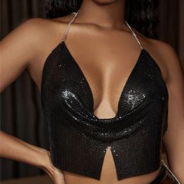 Camis Charm Sequin VNeck Wrap Chest Crop Tops Vest for Female 2021 Sexy Sling Laceup Tank Tops Party Club Tube Shirts
