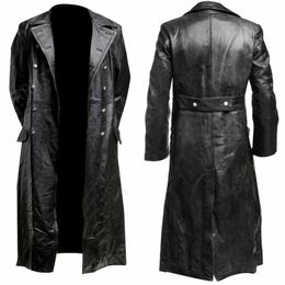 MENS GERMAN CLASSIC WW2 MILITARY UNIFORM OFFICER BLACK LEATHER TRENCH COAT y240314