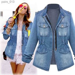 Women's Jackets Blue Denim Collar Chain Jeans Jackets pocket Coat Oversize Jean 240305