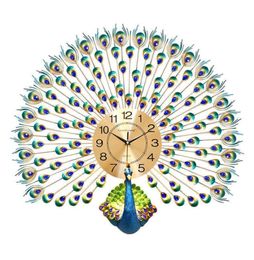 Large Peacock Wall Clock Modern Design Home Decor Watch Living Room Bedroom Mute Metal Digital s H09222147203