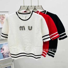 designer MIU Home Knitted Round Neck Short Sleeve Three Colour Spring 2024 New Waist Stripe Letter T-shirt Top O5KP