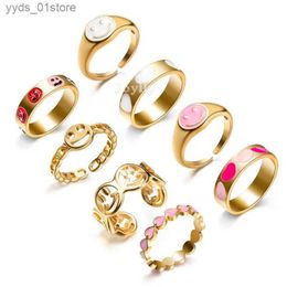 Band Rings 8Pcs Exquisite Preppy Rings Autumn Jewellery Accessories for Teens Smile Shed Gold Colour Open Knuckle Ring Birtay Gifts L240305
