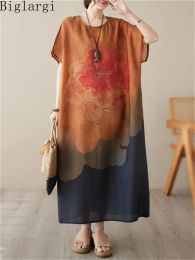 Dress Oversized Korea Summer New Women Cotton Linen Flower Dress Woman Casual Big Size Loose Robe Dress Ladies Pullover Long Dresses