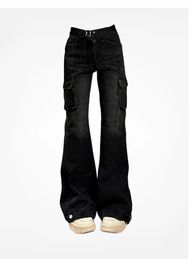 High Street Office Lady Black Flare Jeans Slim Bell Bottoms Gyaru Fashion Denim Trousers Multiple Pockets 2000s American Retro 240305