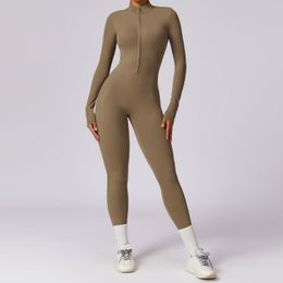 European and American zippered nude long sleeved yoga jumpsuit, high-intensity fitness and sports jumpsuit