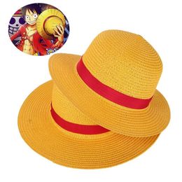 Boy Girl One Piece Cap Straw Hat Neck String Luffy Flat Hats Cosplay Japanese Cartoon Props Kid Red Stripe Beach YF001 Wide Brim240V