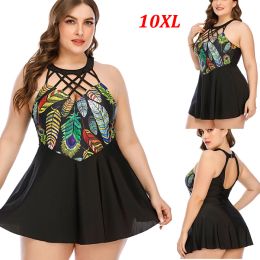 Swimwear 2022 New Plus Size XL10XL Two Piece Swimsuit Women Super Flower Print Swimwear Black Tankini Skirt Beach Bathing Suit