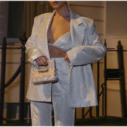 Suits Women's Suit Glitter Silver Long Sleeve Shirt Sexy Underwear Button Shirts Trouser Suits 2022 Spring Fashion Club Night Outfits