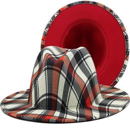 New Plaid Print Jazz Fedora Hat Women Red Bottom Fascinator Top Cap Wide Brim Elegant Church Wedding Hat Sombreros De Mujer283v