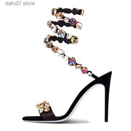 Dress Shoes Sandals Summer New Gemstone S-shaped Heeled Women Large Size 46 Shiny Rhinestone Ankle Winding Crystal Strap PartyH2435