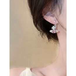 Designer Viviennes westwoods Earrings Empress Dowager Xis Light Pink Zircon Saturn Earrings for Womens Instagram Light Luxury Small Design with Exquisite and High