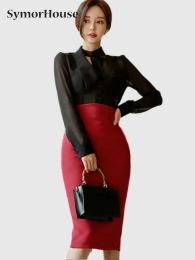 Suits Women's Elegant 2 Pieces Set Black Long Sleeve SeeThrough Chiffon Shirt Tops Fashion Red Pencil Skirt Female Korean Style Suits