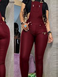 Women Outfits PU Jumpsuits Buckled Zipper Design Suspender Jumpsuit 240305