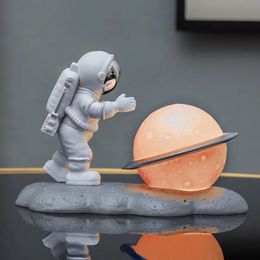 Astronaut Action Figures Figurines Sculpture Room Decorative Spaceman Statue and Moon Model Night Light Ornaments for Kids Gifts 240223