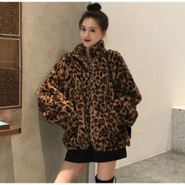 Fur Imitation Fur Coat for Women, Loose Oversized Fuzzy Parkas, Vintage Leopard Stand Neck, Zipper Jacket, Casual Streetwear, Winter