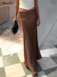 Skirt Absobe Satin Irregular Split Maxi Skirt Women Low Rise Solid Brown Sexy Wrap Hip Long Skirt Hottie Outfit Fashion Streetwear