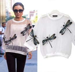Women Black White Mesh Top with Dragonflies T Shirt Tshirt Sheer Kawaii Tee Shirt Oversized T Shirt Chemise Femme One Size6753125