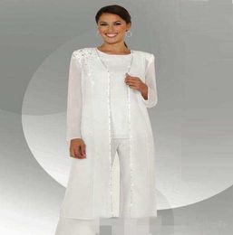 White Chiffon Long Sleeves Mother of the Bride Pant Suits With Long Blouse Sequins Beaded Mother of Groom Pant Suit4316842