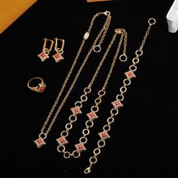 Four Leaf Clover Necklace Bracelet Geometric Zircon Enamel Ring square shaped Earrings Women Wedding Birthday Jewellery Gift With Original Dust Bag Box