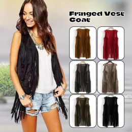 Waistcoats Women Cardigan Sleeveless Faux Suede Leather Jacket Motorcycle Style Vest Tops Fashion Imitation Ethnic Suede Tassel Fringe Vest