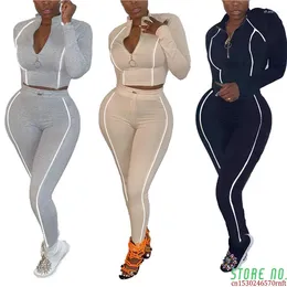 Women's Pants Autumn Women 2 Piece Set Zipper Top Elastic Waist Stretch Bodycon Outfit Jogger Matching Mejor Wholesale Dropshpping