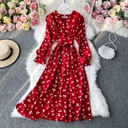 Dress YuooMuoo Korean Fashion Cherry Print Women Dress 2023 New Autumn Vintage Bandage Slim Waist Long Dress Elegant Party Vestidos