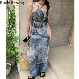 Dress Ink Painting See Through Transparent Mesh Midi Long Split Dress Summer Women Sexy Gothic Harajuku Tank Slit Dresses y2k Outfit T