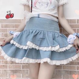 skirt Kawaii Japanese Sweet Y2k Skirts Ruffles Lace Patchwork Bandage Design Denim Mini Skirt Summer Korean All Match Girl Clothing