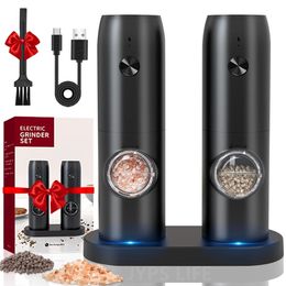 Automatic Pepper Grinder Salt And Pepper Grinder USB Rechargeable Adjustable Coarseness Spice Mill With LED Light Kitchen Tool 240304