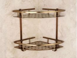 Bathroom Antique Bronze Shelf Two Layer Corner Aluminium Basket Shower Caddy Hair Dryer Holder etagere salle de bain murale tipi Y21370781