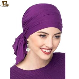 Beanie Skull Caps Muslim Bamboo Cotton Pre-Tied Scarf Chemo Bonnet Women Turban Hat Headwear Headscarf Wrap Cancer Bandanas Hair A227e