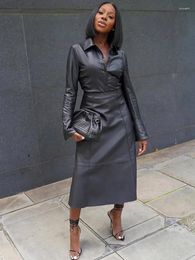 Work Dresses Black PU Faux Leather 2 Piece Sets Women Outfit Long Sleeve Shirt Top And A-line Midi Skirt Matching Conjuntos De Vestidos