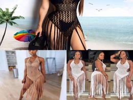 Women Summer Crochet Hollow Out Tassel Beach Cover Up Dress Sexy Bikini Swimsuit Cover Ups Bathing Suit Cover Up Robe Plage X07177927574