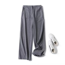 Capris YENKYE New Women Grey Wool Blend Flannel Straight Pants Vintage Elastic High Waist Office Ladies Casual Trousers