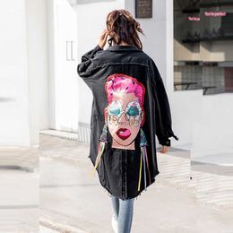 Women's Jackets 2018 Spring Women Jean Jackets Black Full Sleeve Turn-Down Collar With Back Graffiti Printing 240305