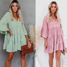 Dresses 2022 Pregnant Woman Summer Clothes Sweet Short Flare Sleeve Vneck High Waist Maternity Chiffon Dress Korean Style Aline Dress