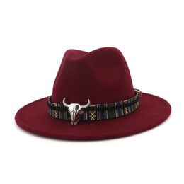 Unisex Wide Brim Cowboy Fedora Hat Bull Head Decoration Men Women Wool Felt Trilby Gambler Hats Jazz Panama Caps274N