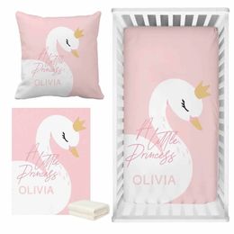 LVYZIHO Pink Cute Swan Crib Sheet Set Custom Name Baby Girl Crib Bedding Set Baby Shower Gift Bedding Set 240229