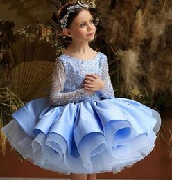 Jewel Princess Sequin Lace Long Sleeve Flower Girl Dress Ball Gown Little Girls