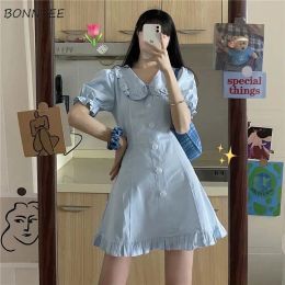 Dress Puff Sleeve Dresses Women Peter Pan Collar Mini Aline Sweet Sexy French Style Design Classic Kawaii Retro Preppy Young Vestidos