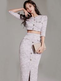 High Quality Tweed Two Piece Set Women Korean Fashion Half Sleeve Short Jacket Coat Crop Top Skirt Sets Office Lady Outfits 240226