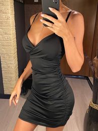 6 Colour Sexy Wrinkled Pleated V Neck Sling Dress Short Club Ladies Summer Bodycon Dress Evening Party Tight Mini Dress D007240305